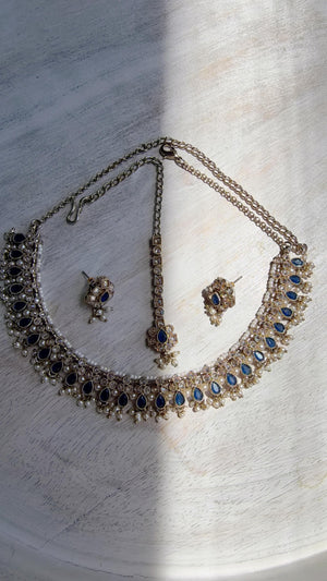 Petite look Antique Polki Kundan blue Necklace Set with stud Earrings and Tikka | Indian Jewelry | Bridal Jewelry Kaur