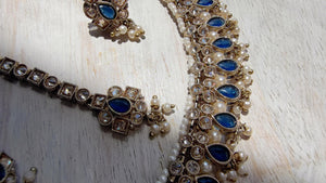 Petite look Antique Polki Kundan blue Necklace Set with stud Earrings and Tikka | Indian Jewelry | Bridal Jewelry Kaur