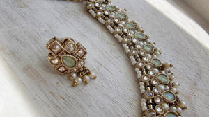Petite look Antique Polki Kundan Mint Necklace Set with stud Earrings and Tikka | Indian Jewelry | Bridal Jewelry Kaur