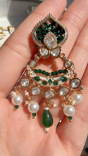 Emerald Green Kundan Rani Haar Necklace Set | Kundan Diamond Long Necklace | Indian Bridal Jewelry | Indian Wedding Necklace - Mary