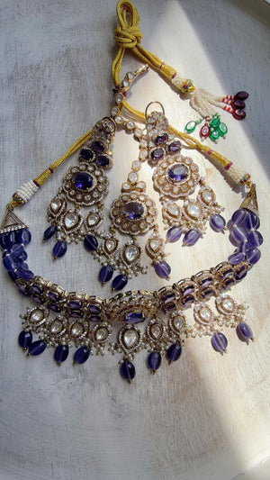 Purple Kundan Polki Choker Necklace Set | Gold Finish Statement Choker with chandbali and Maang tikka | Indian Bridal Jewelry