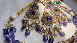 Purple Kundan Polki Choker Necklace Set | Gold Finish Statement Choker with chandbali and Maang tikka | Indian Bridal Jewelry