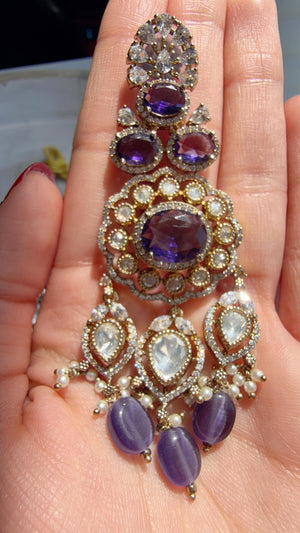 Purple Kundan Polki Choker Necklace Set | Gold Finish Statement Choker with chandbali and Maang tikka | Indian Bridal Jewelry