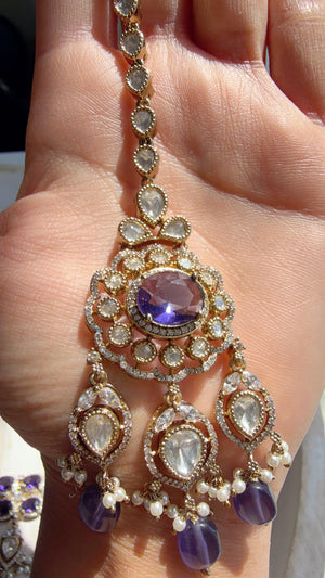 Purple Kundan Polki Choker Necklace Set | Gold Finish Statement Choker with chandbali and Maang tikka | Indian Bridal Jewelry