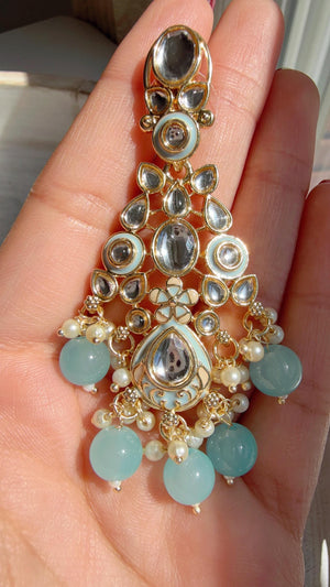 Sky blue Pearl Meenakari Kundan Necklace Set with Long Jhumka & Tikka | Bridal Kundan Choker | Indian Wedding Jewelry