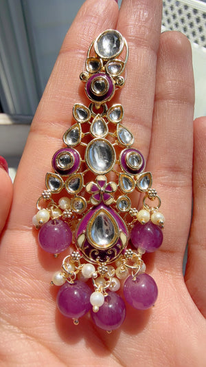 Purple Pearl Meenakari Kundan Necklace Set with Long Jhumka & Tikka | Bridal Kundan Choker | Indian Wedding Jewelry
