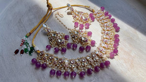 Purple Pearl Meenakari Kundan Necklace Set with Long Jhumka & Tikka | Bridal Kundan Choker | Indian Wedding Jewelry