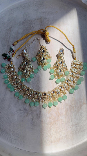 Mint Pearl Meenakari Kundan Necklace Set with Long Jhumka & Tikka | Bridal Kundan Choker | Indian Wedding Jewelry
