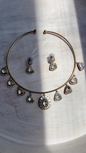 Mother of Pearl Coral Polki Kundan Necklace Set with Drop Earrings | Gold Finish Bridal Jewelry | Indian Wedding Necklace Set - Sally