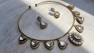 Mother of Pearl Coral Polki Kundan Necklace Set with Drop Earrings | Gold Finish Bridal Jewelry | Indian Wedding Necklace Set - Sally