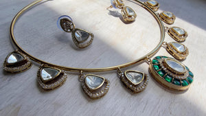 Emerald Green Coral Polki Kundan Necklace Set with Drop Earrings | Gold Finish Bridal Jewelry | Indian Wedding Necklace Set - Sally