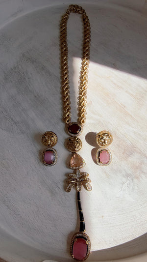 Sabyasachi-Inspired Ruby Pink Long Chain Necklace Set | Kundan Stone Bridal Jewelry | Indian Wedding Necklace – Naina