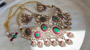 Ruby Green Kundan Choker Necklace Set | Statement Choker with jhumka Maang tikka | Indian Bridal Jewelry/Moissanite diamond necklace