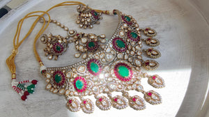 Ruby Green Kundan Choker Necklace Set | Statement Choker with jhumka Maang tikka | Indian Bridal Jewelry/Moissanite diamond necklace