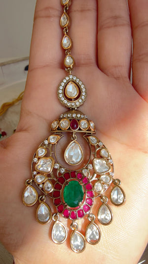Ruby Green Kundan Choker Necklace Set | Statement Choker with jhumka Maang tikka | Indian Bridal Jewelry/Moissanite diamond necklace