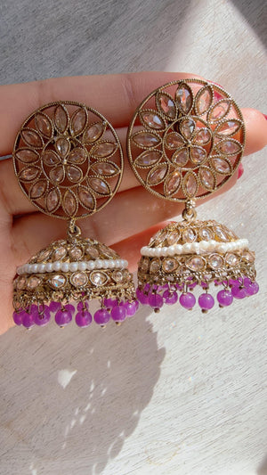 Purple Kundan Jhumka Earrings with Pearl & Bead Drops | Antique Gold Finish Indian Bridal Earrings