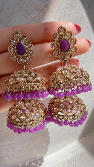 double layer purple Kundan Jhumka Earrings with Pearl & Bead Drops | Antique Gold Finish Indian Bridal Earrings