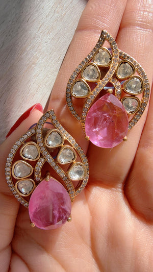Baby Pink Moissanite Stone Earrings/Diamond Kundan Studs /Indian Jewelry /Statement Earring - Rani