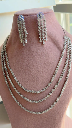 Silver triple Layer Long Diamond CZ Necklace | Elegant Multi-Layer Cubic Zirconia Necklace | Statement Party & Bridal Jewelry