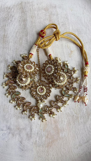 Antique Polki Kundan Mint pink Necklace Set with Earrings and Tikka | Wedding Bridal Necklace | Indian Jewelry | Bridal Jewelry | Alia