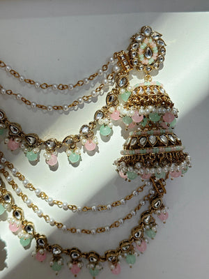 Mint Pink Bahubali Kundan Pearl Jhumka Earrings Set/Jhumka with Double Chain Sahare /Indian Wedding Earrings
