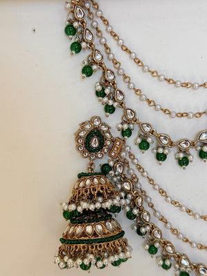 Antique Green Bahubali Pearl Jhumka Earrings Set/Jhumka with Double Chain Sahare /Indian Wedding Earrings