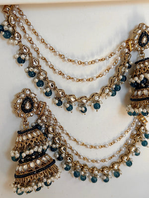 Antique Blue Bahubali Pearl Jhumka Earrings Set/Jhumka with Double Chain Sahare /Indian Wedding Earrings