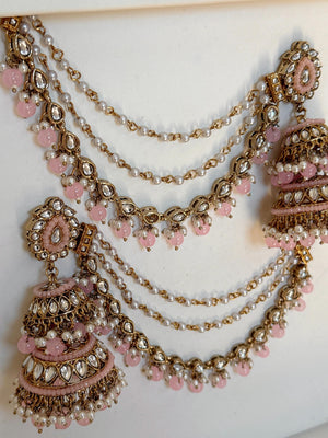 Antique Baby Pink Bahubali Pearl Jhumka Earrings Set/Jhumka with Double Chain Sahare /Indian Wedding Earrings