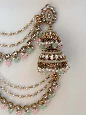 Antique Mint Pink Bahubali Pearl Jhumka Earrings Set/Jhumka with Double Chain Sahare /Indian Wedding Earrings
