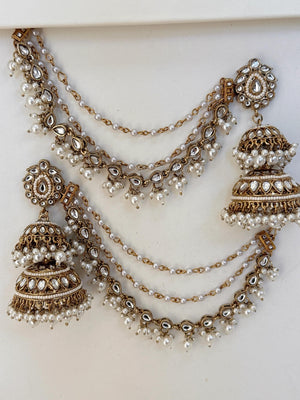 Antique Mehendi Bahubali Pearl Jhumka Earrings Set/Jhumka with Double Chain Sahare /Indian Wedding Earrings