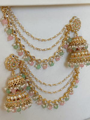 Mint Pink Bahubali Kundan Pearl Jhumka Earrings Set/Jhumka with Double Chain Sahare /Indian Wedding Earrings
