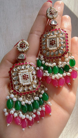Pink Green Kundan Chandbali Earrings | Indian Bridal Chandbali | Traditional Wedding Jewelry | Statement Kundan Earrings