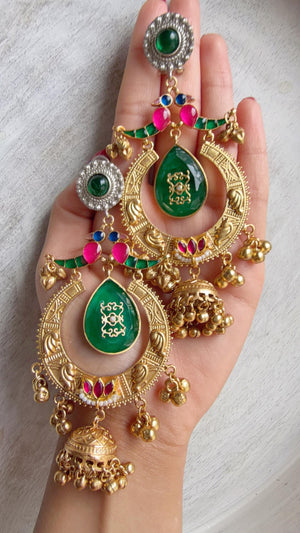 Amrapalli-Style Chandbali Doublet Stone Jhumka Earrings | Antique Gold Kashmiri Jhumka | Statement Indian Bridal Temple Jewelry