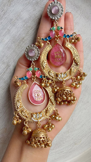Amrapalli-Style Chandbali Doublet Stone Jhumka Earrings | Antique Gold Kashmiri Jhumka | Statement Indian Bridal Temple Jewelry
