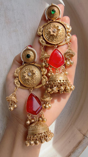 Antique Gold Kashmiri Jhumka Earrings | Statement Indian Bridal Earrings | Temple Style Wedding Jewelry