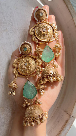 Antique Gold Kashmiri Jhumka Earrings | Statement Indian Bridal Earrings | Temple Style Wedding Jewelry