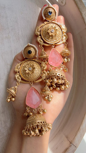 Antique Gold Kashmiri Jhumka Earrings | Statement Indian Bridal Earrings | Temple Style Wedding Jewelry