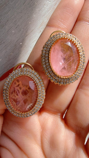 Light Peach Precious Doublet Stud Earrings | Moissanite Diamond Kundan Statement Studs - Aditi