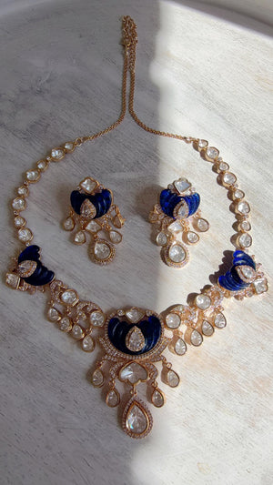 Blue Kundan Diamond Necklace Set | Indian Bridal Wedding Jewelry | Traditional Bridal Statement Necklace