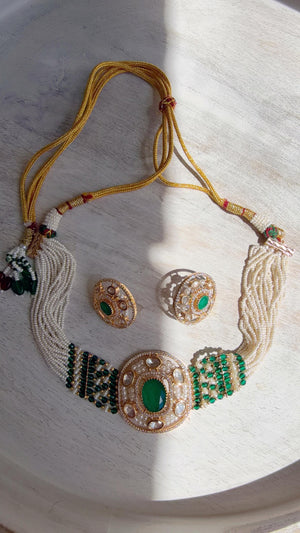 Green Kundan Diamond Necklace Set | Indian Bridal Wedding Jewelry | Traditional Bridal Statement Necklace