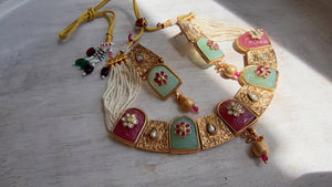 Traditional Kundan Statement Mint Pink Necklace Set/Indian Bridal Jewelry/Gold Finish Wedding Necklace - Heritage