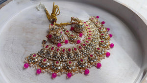 Semi Bridal Rani Pink Kundan Necklace Set with Long Chandbali Earrings and Maang Tikka | Indian Wedding Jewelry | Bridal Jewelry Manpreet