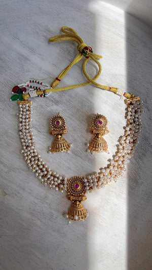 Peacock Pearl Choker Necklace Set | Guttapusalu Temple Jewelry | Rajwadi Antique Gold Indian Bridal Set