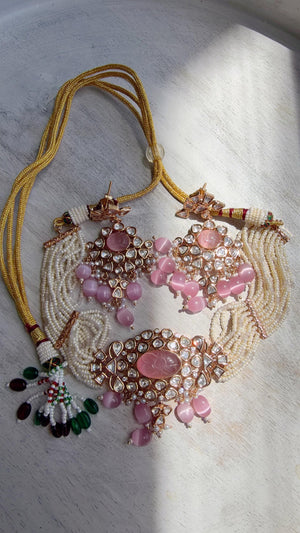 Moissanite Monalisa Turquoise Baby Pink Choker Necklace Set | Kundan Chandbali Bridal Jewelry | Gold Plated Set