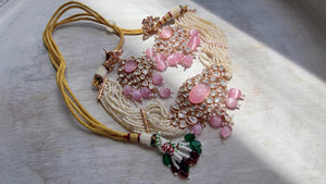 Moissanite Monalisa Turquoise Baby Pink Choker Necklace Set | Kundan Chandbali Bridal Jewelry | Gold Plated Set