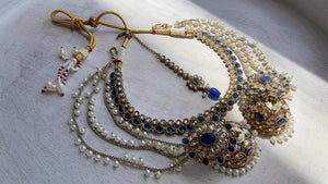 Antique Polki Kundan Blue Necklace Set with Bahubali Jhumka & Maang Tikka | Indian Bridal Jewelry