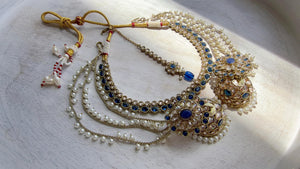 Antique Polki Kundan Blue Necklace Set with Bahubali Jhumka & Maang Tikka | Indian Bridal Jewelry