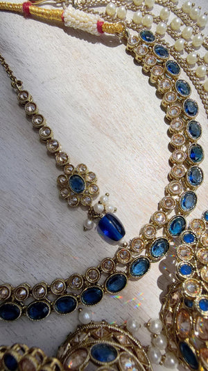 Antique Polki Kundan Blue Necklace Set with Bahubali Jhumka & Maang Tikka | Indian Bridal Jewelry