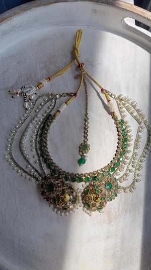 Antique Polki Kundan Green Necklace Set with Bahubali Jhumka & Maang Tikka | Indian Bridal Jewelry