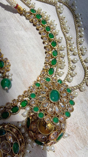 Antique Polki Kundan Green Necklace Set with Bahubali Jhumka & Maang Tikka | Indian Bridal Jewelry